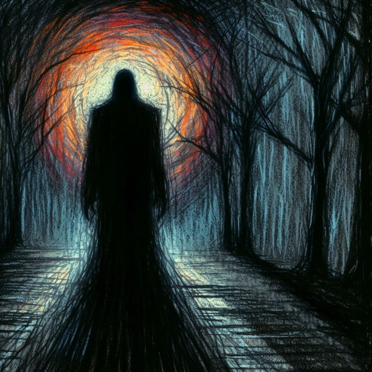 Shadowy figure on a narrow path in a dark forest, walking towards a fiery moon. Twisted trees stretch upwards ominously.