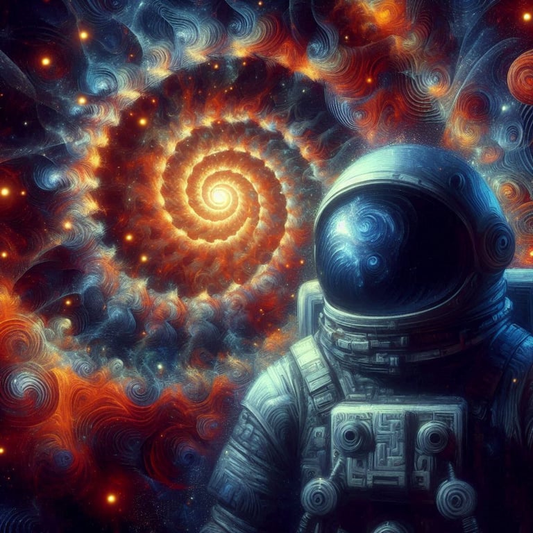 A galactic portrait of an astronaut standing in front of spiral nebulae.