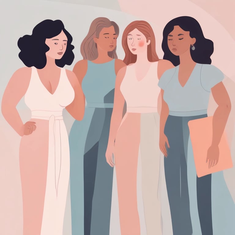 Illustration of diverse women promoting body positivity, with a mirror symbolizing beauty standards,