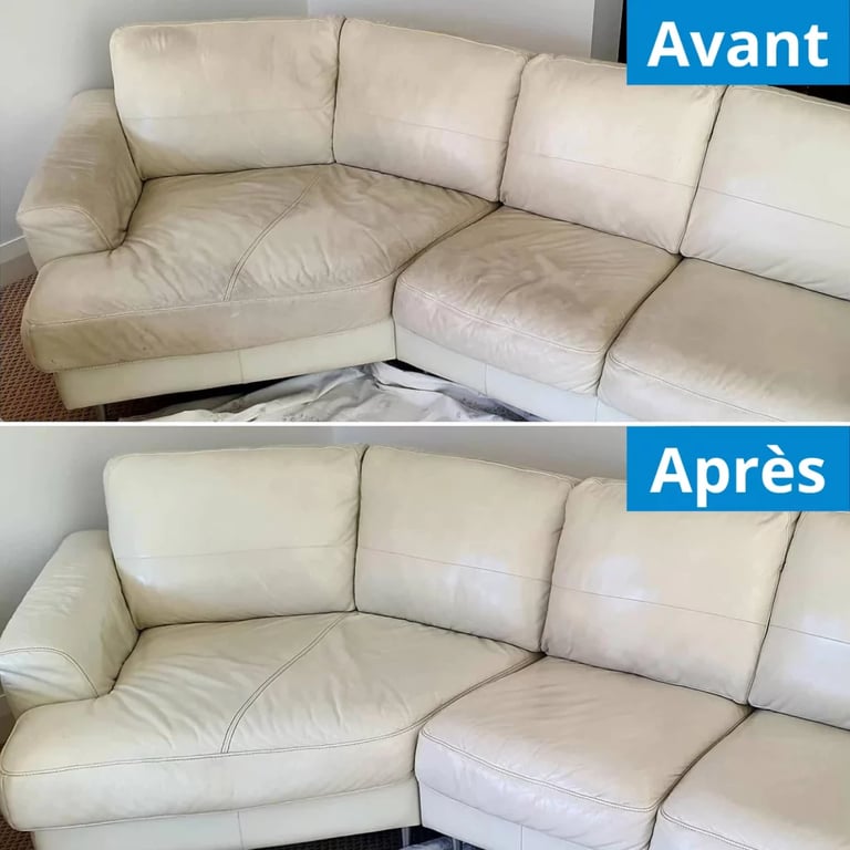 Photo avanr et après le nettoyage d'un canapé blanc ! Remis à neuf