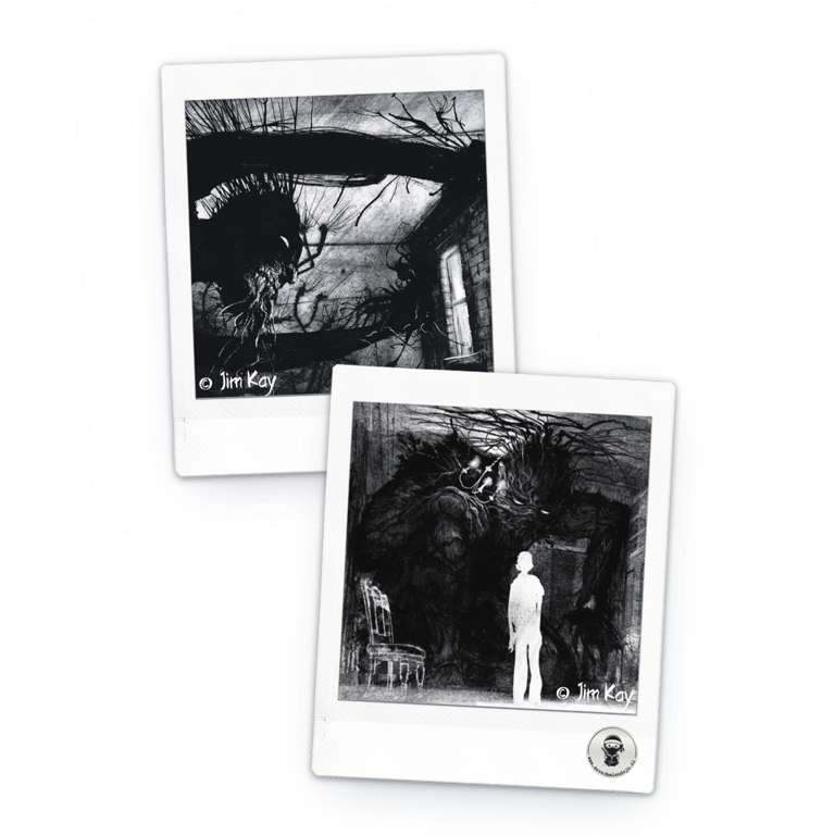 Twee polaroids met illustraties van Jim Kay uit het boek twaalf minuten na middernacht