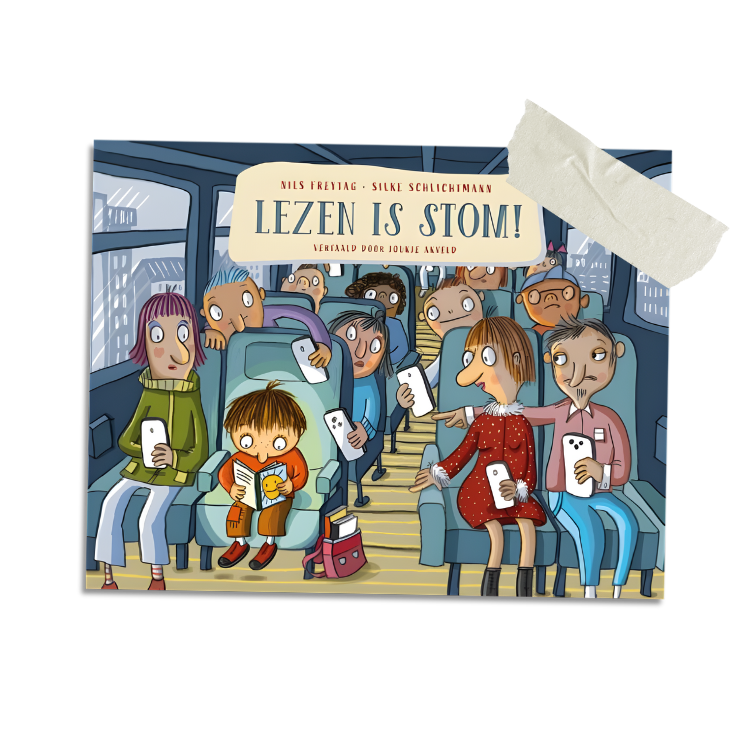 Illustration of passengers on a bus using smartphones while a boy reads the book Lezen is Stom.