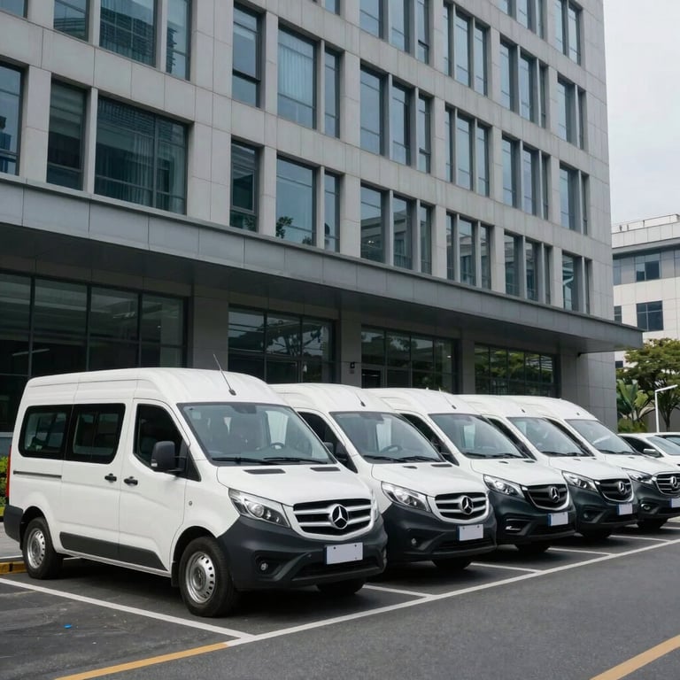 A sleek fleet of professional service vehicles parked in front of a modern corporate headquarters building.