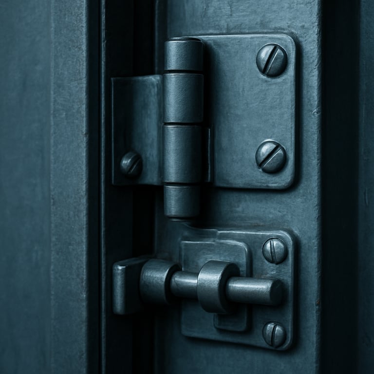 Detailed shot of high-quality steel hinges and door mechanics, emphasizing engineering excellence and steel blue tones.