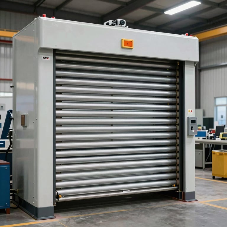 High-speed industrial roller doors in a clean, organized warehouse setting with bright daylight lighting.