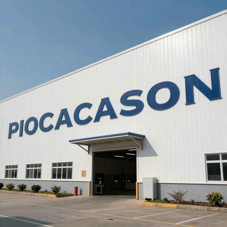 Exterior view of a large corporate manufacturing plant with clean white walls and navy branding under a clear sky.
