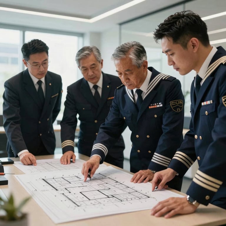 A team of experts in professional navy attire reviewing architectural plans in a bright, modern office space.