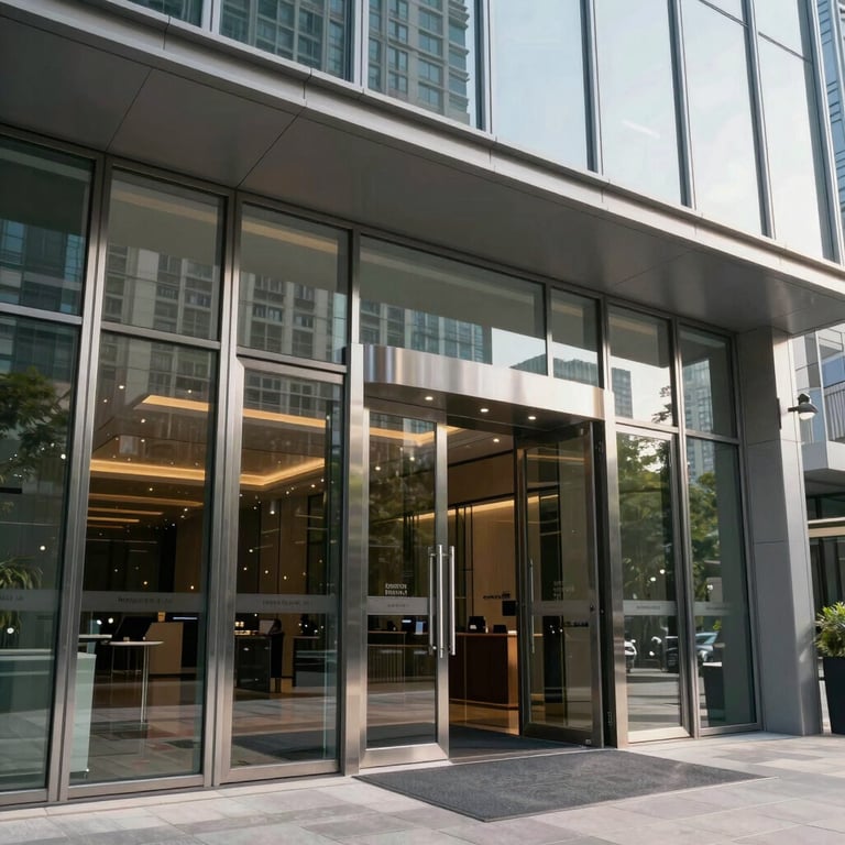 Professional photography of a grand entrance with sleek glass doors in a modern international global business district.