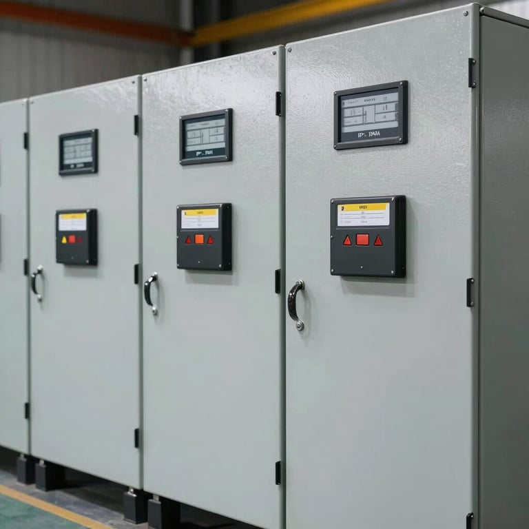 A row of finished IP-rated electrical control panels, ready for shipment, featuring professional labeling and sleek steel gray finish.