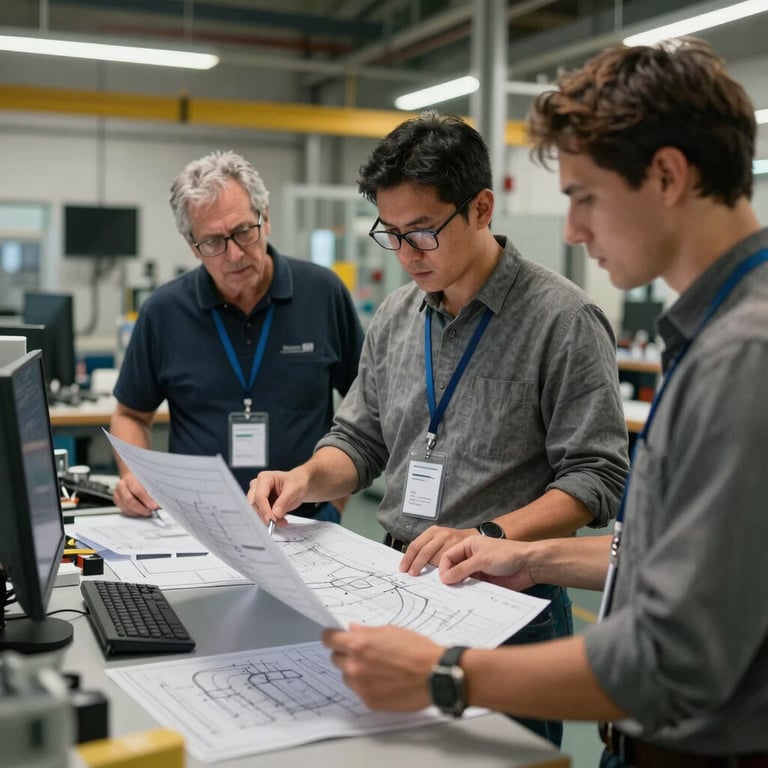 Engineering professionals in a North American workspace reviewing blueprints for a sustainable power distribution project.