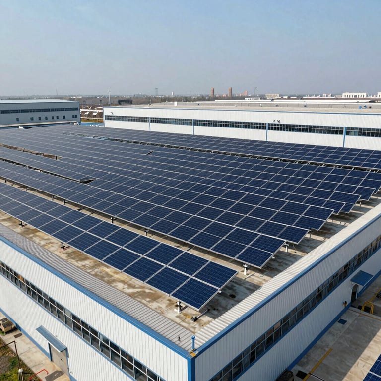 A large-scale solar panel installation on the roof of a modern North American industrial facility under a clear sky.