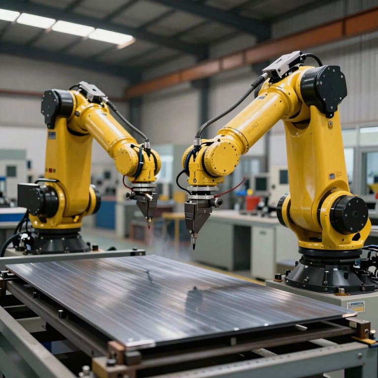 Action shot of sheet metal fabrication using advanced robotic arms in a high-tech manufacturing plant.