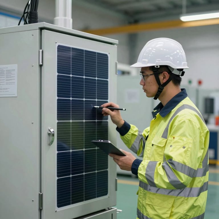 A technician in industrial safety gear inspecting a solar-integrated electrical panel on a modern production floor.