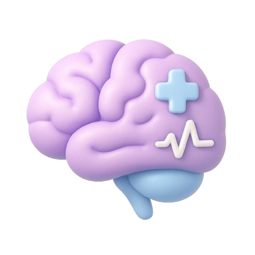 Ícono 3D de un cerebro color lila con un símbolo médico y línea de pulso, representando salud mental