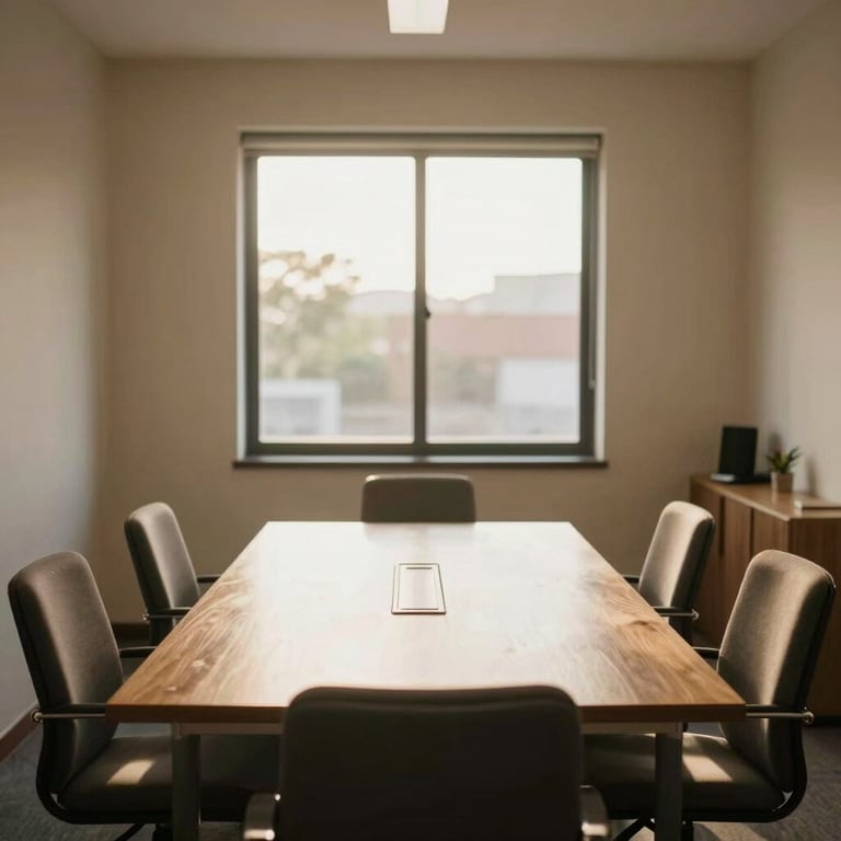 A welcoming, clean office interior in Naucalpan with a wooden table, comfortable chairs, soft warm daylight streaming through a large window, peaceful atmosphere.