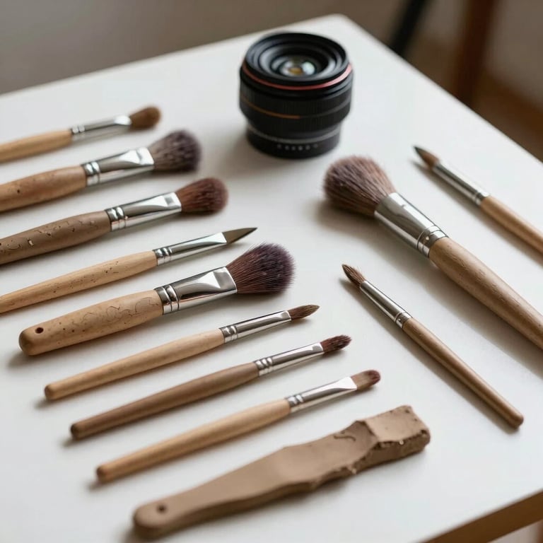 A collection of professional brushes and clay sculpting tools arranged neatly on a clean white table, artistic and minimalist composition.