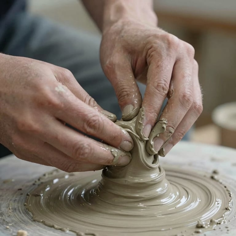 Close-up of a sculptor's hands shaping wet clay into a fluid, organic form, soft focus, high-end artistic photography.
