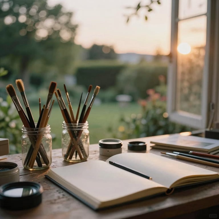 The artist's studio overlooking a European garden, brushes in jars, an open sketchbook, and the soft glow of sunset.