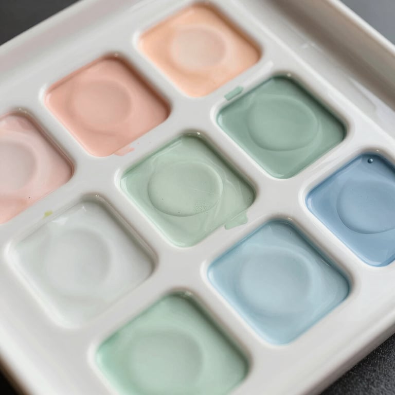 A ceramic palette filled with soft pastel watercolor paints: peach, sage green, and pale blue, with a slight watery texture.