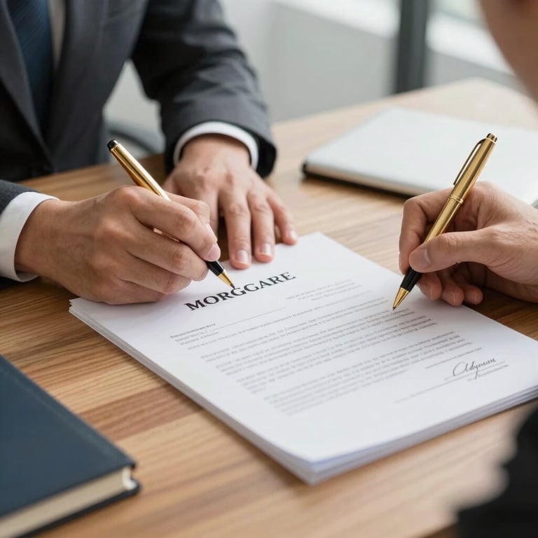 A professional signing mortgage documents on a wood desk with a high-quality gold pen in a bright Ontario office.