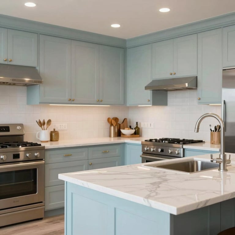 A bright and modern kitchen interior in a Canadian home with marble countertops and soft ivory and pale azure decor.