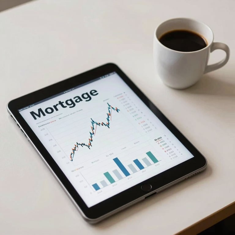 A high-angle shot of a digital tablet showing financial mortgage charts next to a coffee cup on a clean off-white desk.