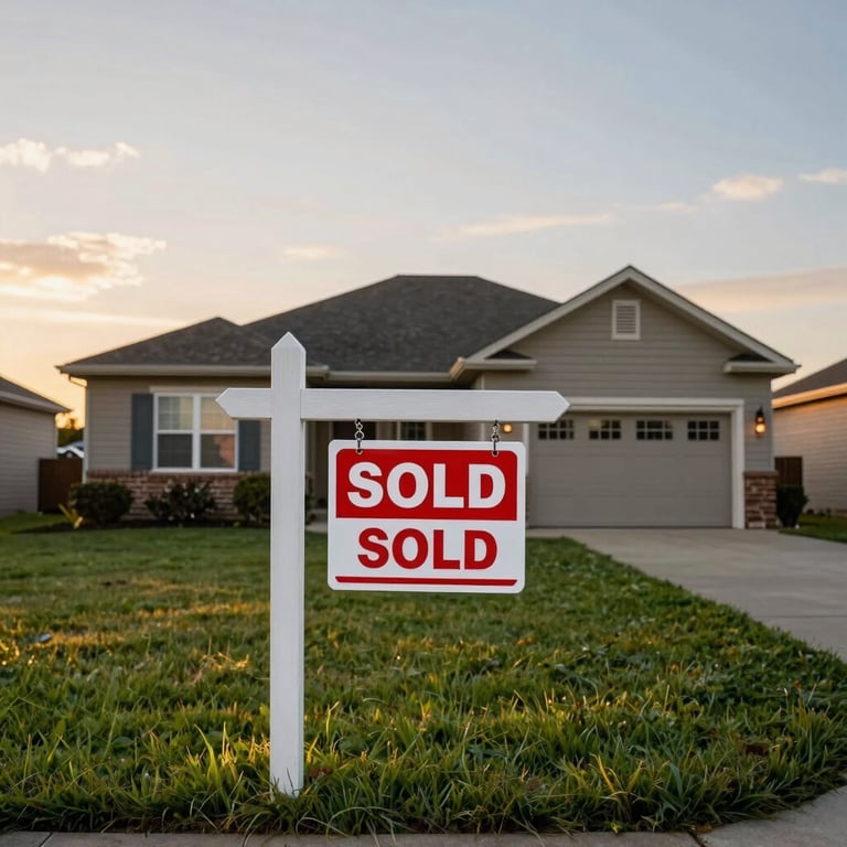 A North American suburban home with a 'Sold' sign on the green front lawn, captured during a golden hour sunset.