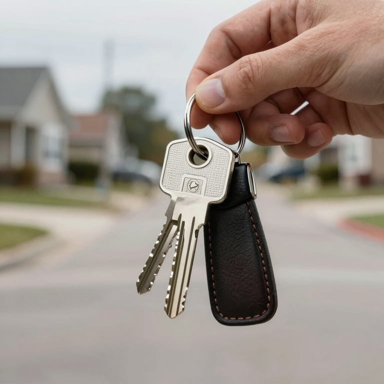 A close-up of a hand holding a modern silver house key with a leather keychain, blurred North American suburban street background.
