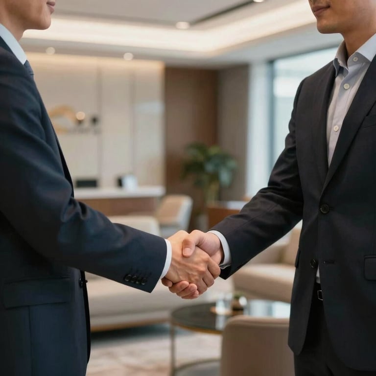 Two professionals in business casual attire shaking hands in a sophisticated North American corporate lounge.
