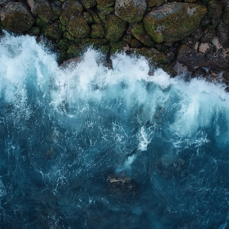 Location: Albion. Aerial view of waves crashing against moss-covered rocks along the coastline in Mauritius