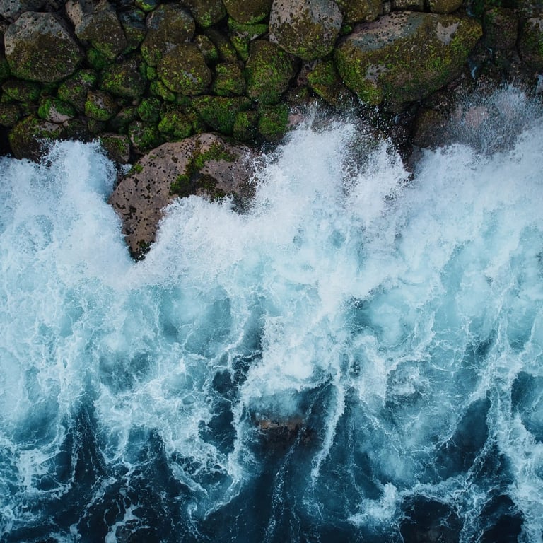 Location: Albion. Aerial view of waves crashing against moss-covered rocks along the coastline in Mauritius