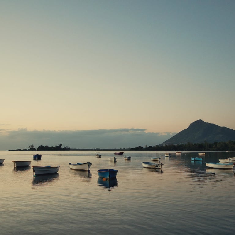 Serene view of boats anchored on a calm sea at sunset in Petite Case Noyale, Mauritius, with mountains in the background