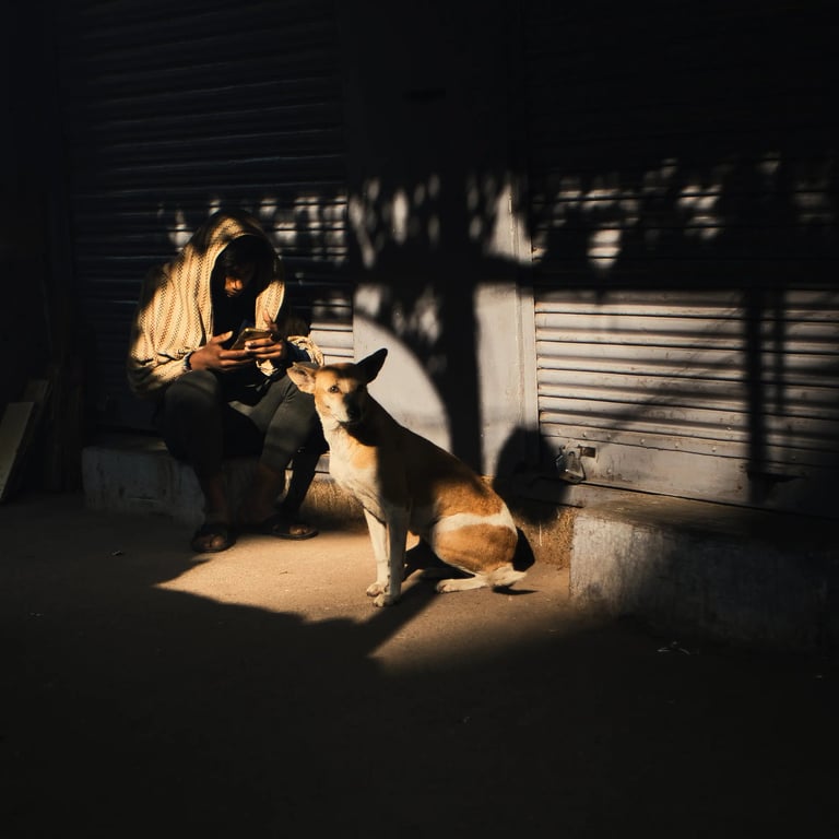 Man sitting in sunlight with a stray dog outside closed shops in Old Delhi.