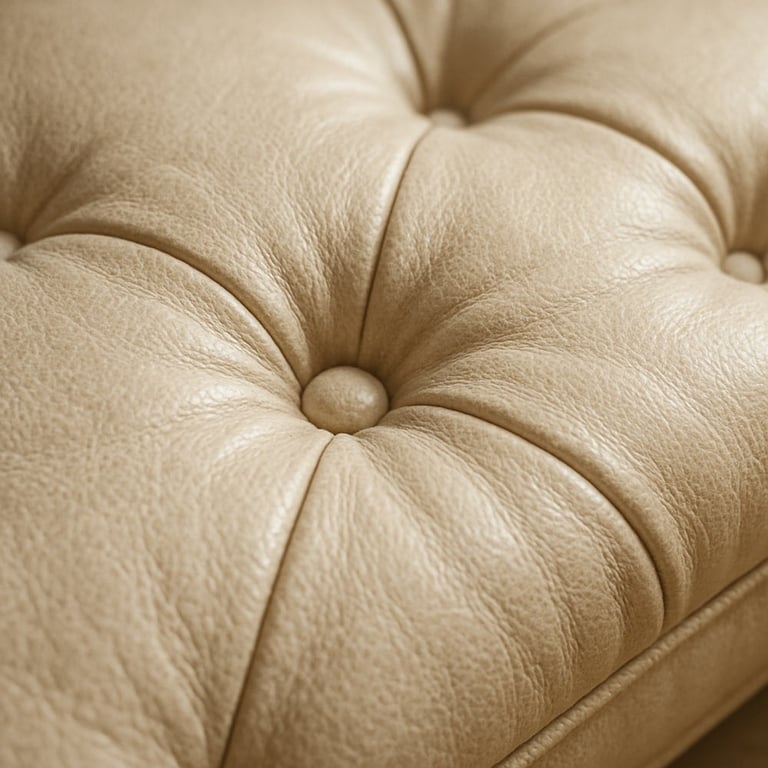 Close-up of button tufted bench cushion showing soft fabric texture and natural shadows for a luxurious look.