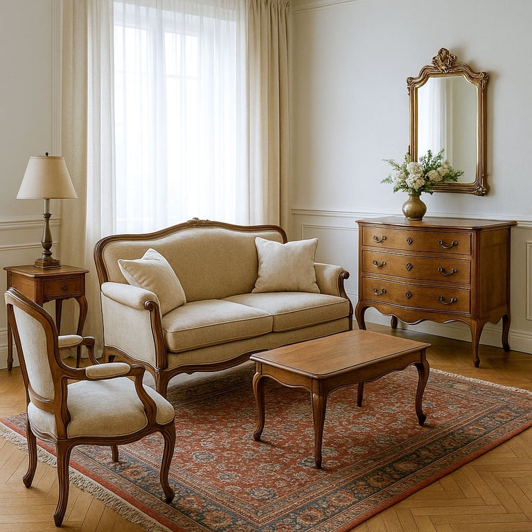 ChatGPT said: Classic living room with carved wood furniture, neutral upholstery, and vintage accents by Solo Home Decor.