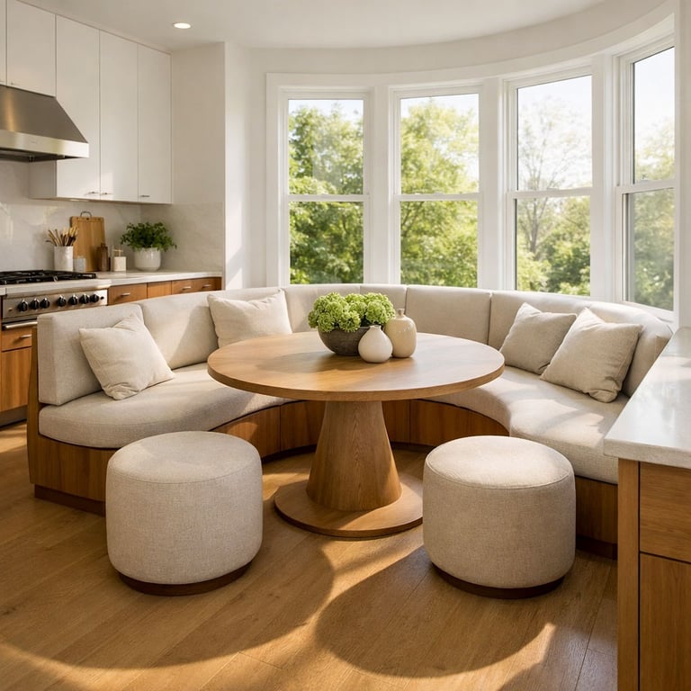Custom corner banquette with upholstered seating for a breakfast nook
