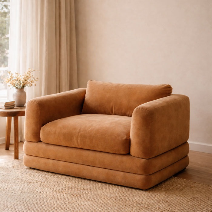 Custom modern upholstered chair in warm tan leather with oversized cushioning by Solo Home Decor