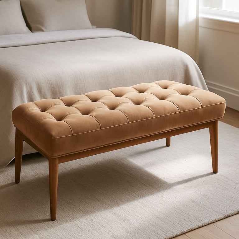 ufted velvet bedroom bench at the foot of a bed with soft light and textured surroundings in a modern space.
