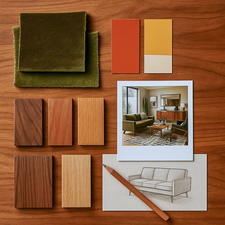 Flat lay of Mid-Century color swatches: walnut, mustard, burnt orange, olive