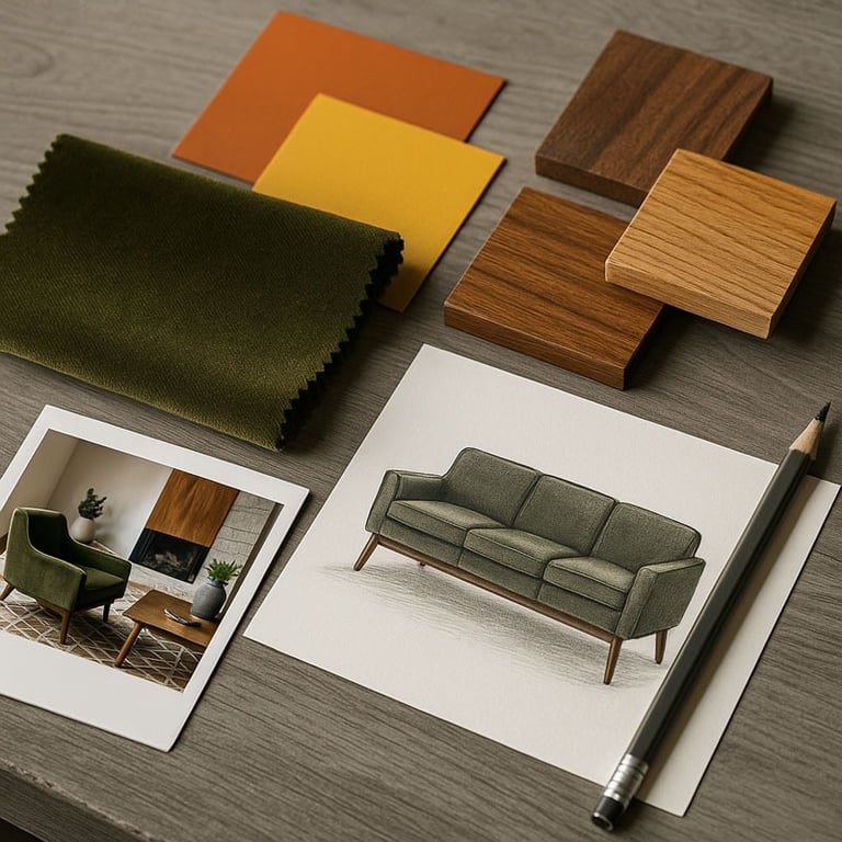 Mood board for custom Mid-Century sofa including sketches, fabrics, and color samples