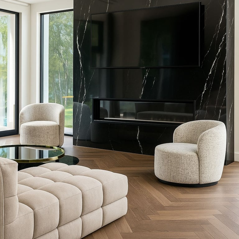 Pair of custom white barrel chairs with rounded backs in a modern living room