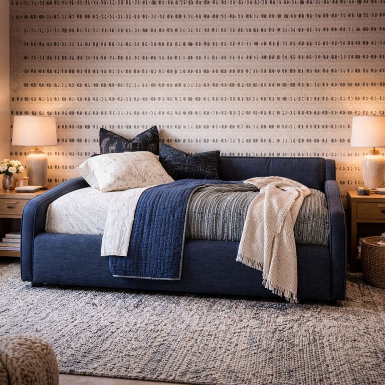 Blue upholstered daybed styled with layered bedding and pillows in a cozy guest room with matching bedside lamps.