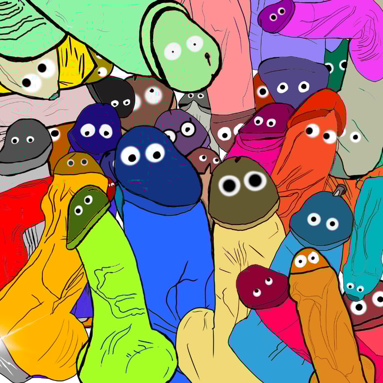 A group of colorful, cartoon penis-inspired characters from the Penis Friends™ collection, each uniq