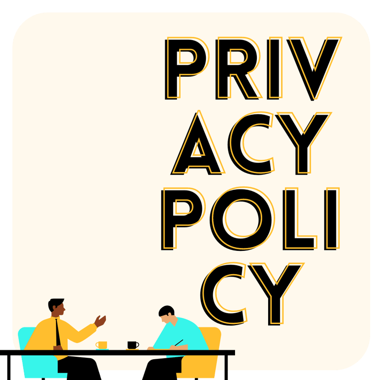Two men sitting at a table with a privacy policy sign behind them.