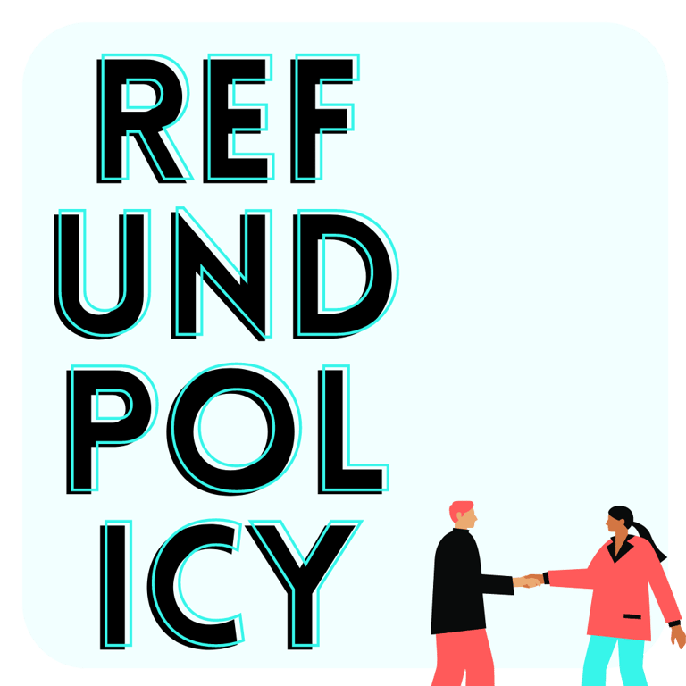 A man and woman shaking hands with the words refunded policy on a sign behind them.
