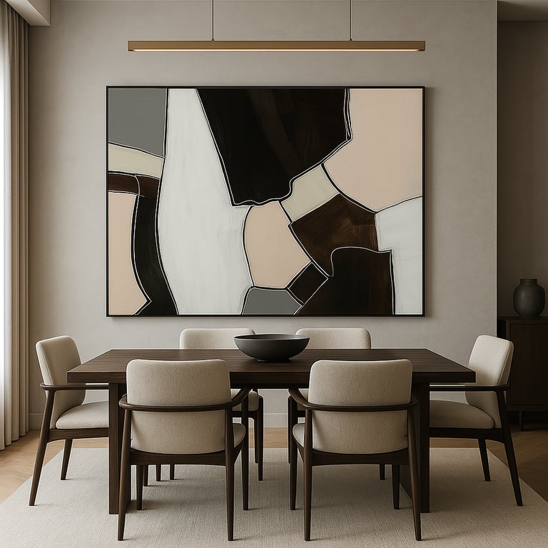 Modern minimalist dining room featuring a dark wood table, cream chairs, and large abstract wall art.