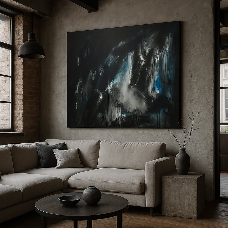 Large dark abstract canvas wall art hanging above a beige sectional sofa in a modern industrial living room.