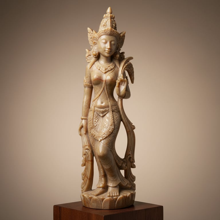 Hand-carved onyx stone sculpture of a graceful goddess figure with intricate details and a soft gold