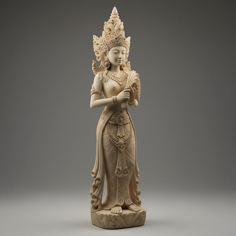 A finely detailed limestone statue of Dewi Sri standing gracefully while holding a bundle of rice,