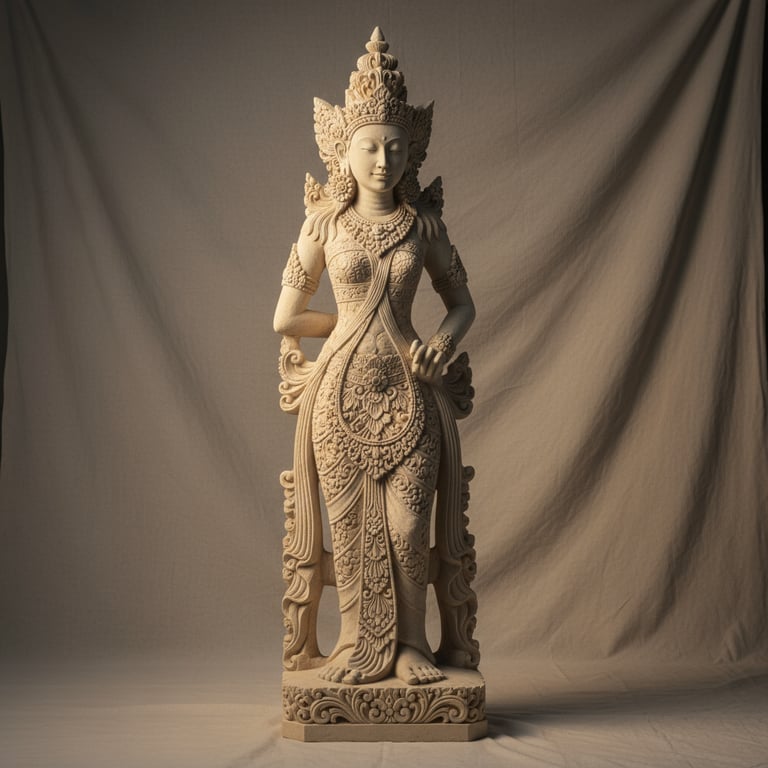A detailed limestone statue of Dewi Sri with intricate carvings and a serene expression — part of Ar